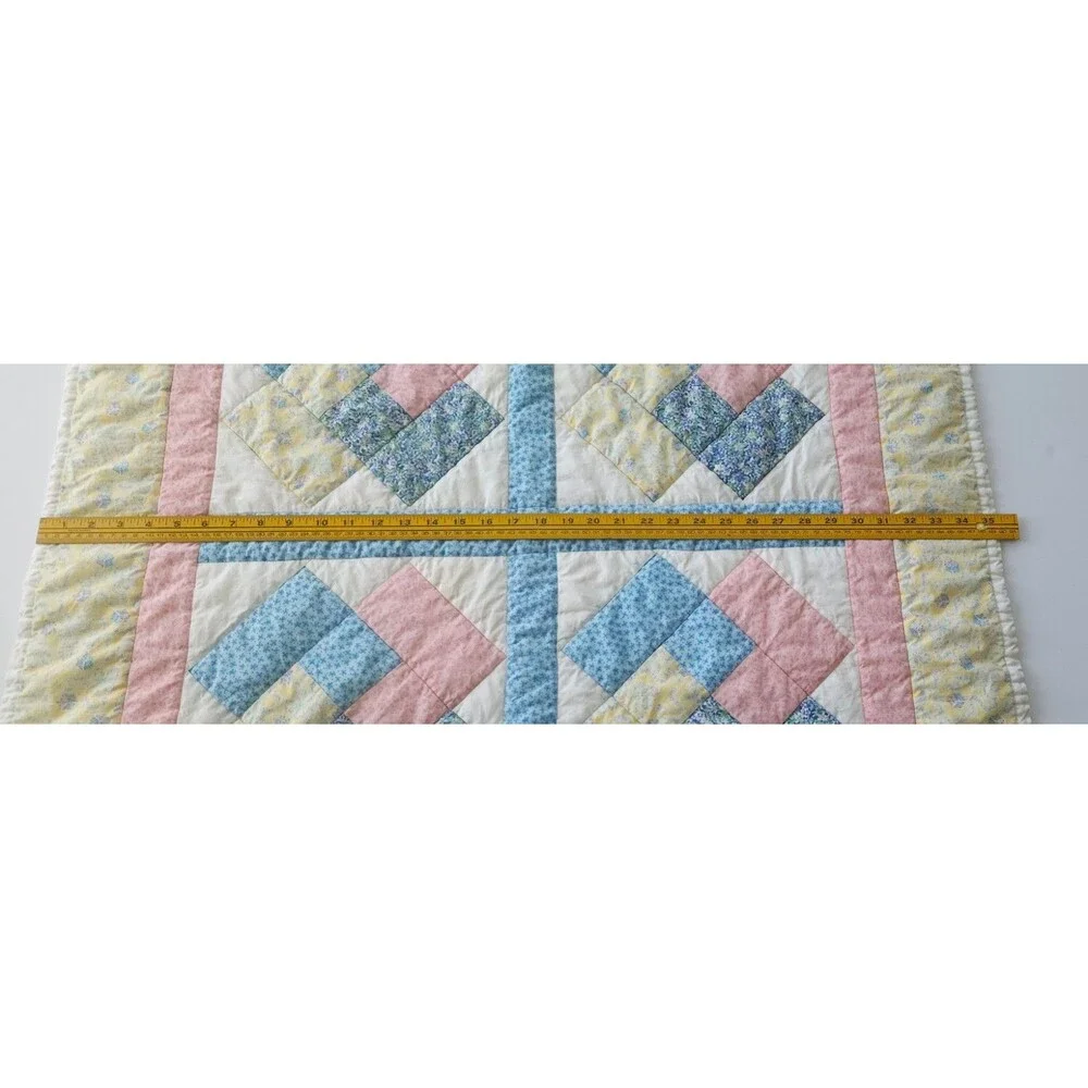 Vtg Handmade Patchwork Baby Quilt Pastel Floral Calico Log Cabin Blanket 36x35.5
